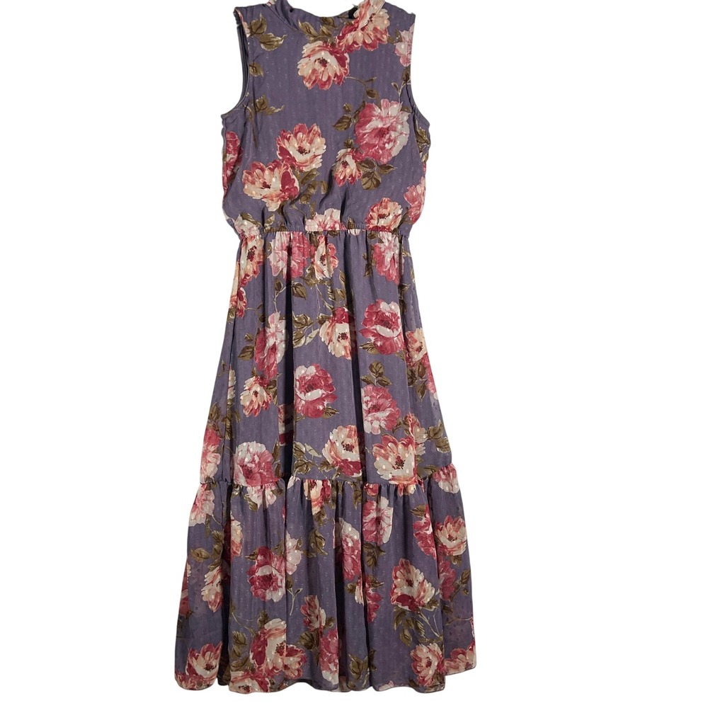 Ava & Yelly Girls Purple Floral Swiss‎ Dot Mock Neck Tiered Midi Dress Size 12